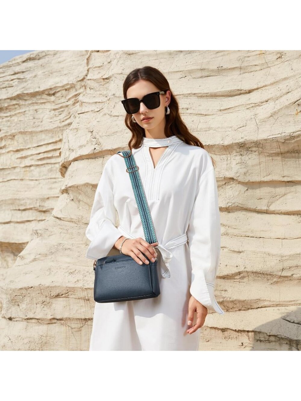 Women's Navy Blue Leather Triple Zip Crossbody Bag Purse with Shoulder Straps - Picture 2 of 6